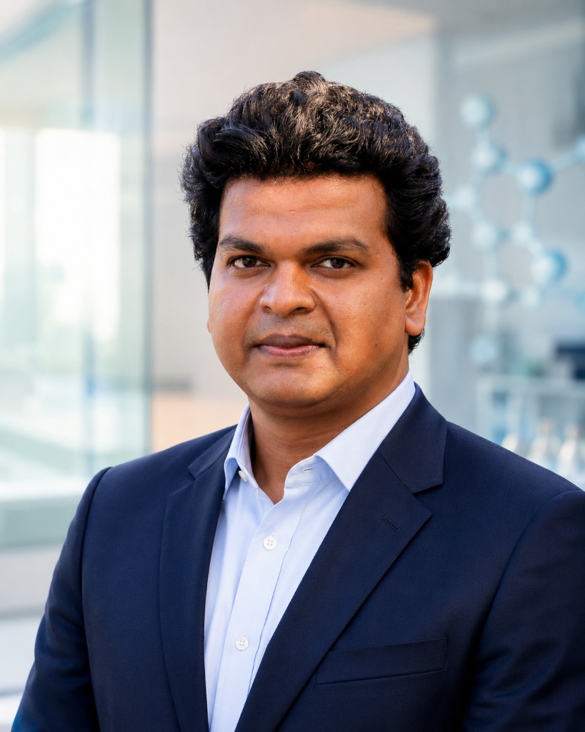 Arvind Rathore, Founder and CEO of SilkMatrix BioMaterials, wearing a navy blazer and light blue shirt, photographed in a modern laboratory atrium with a blue molecular model display in the background